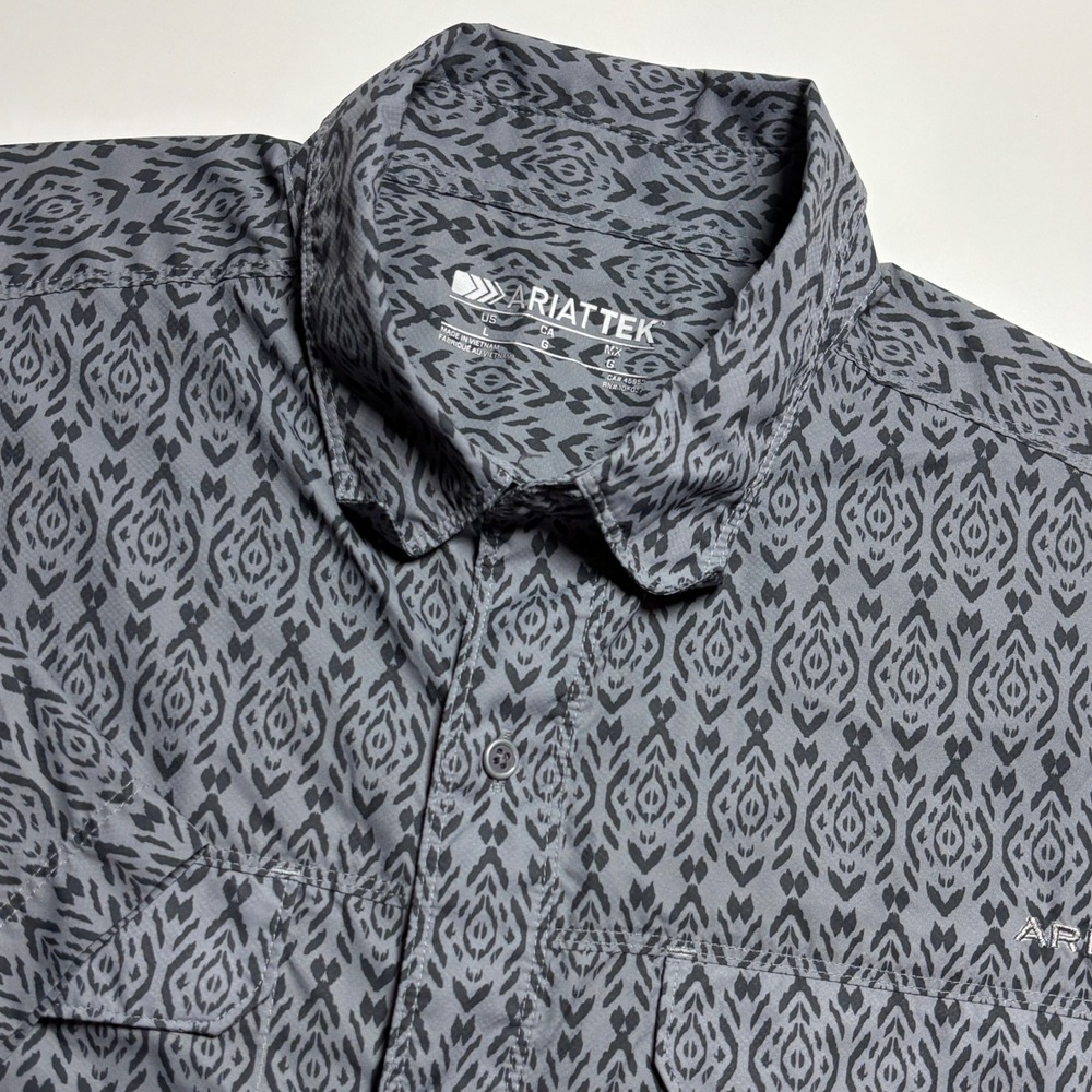 AriatTEK Performance Shirt Mens L Gray Geometric Ikat Print Western Short Sleeve